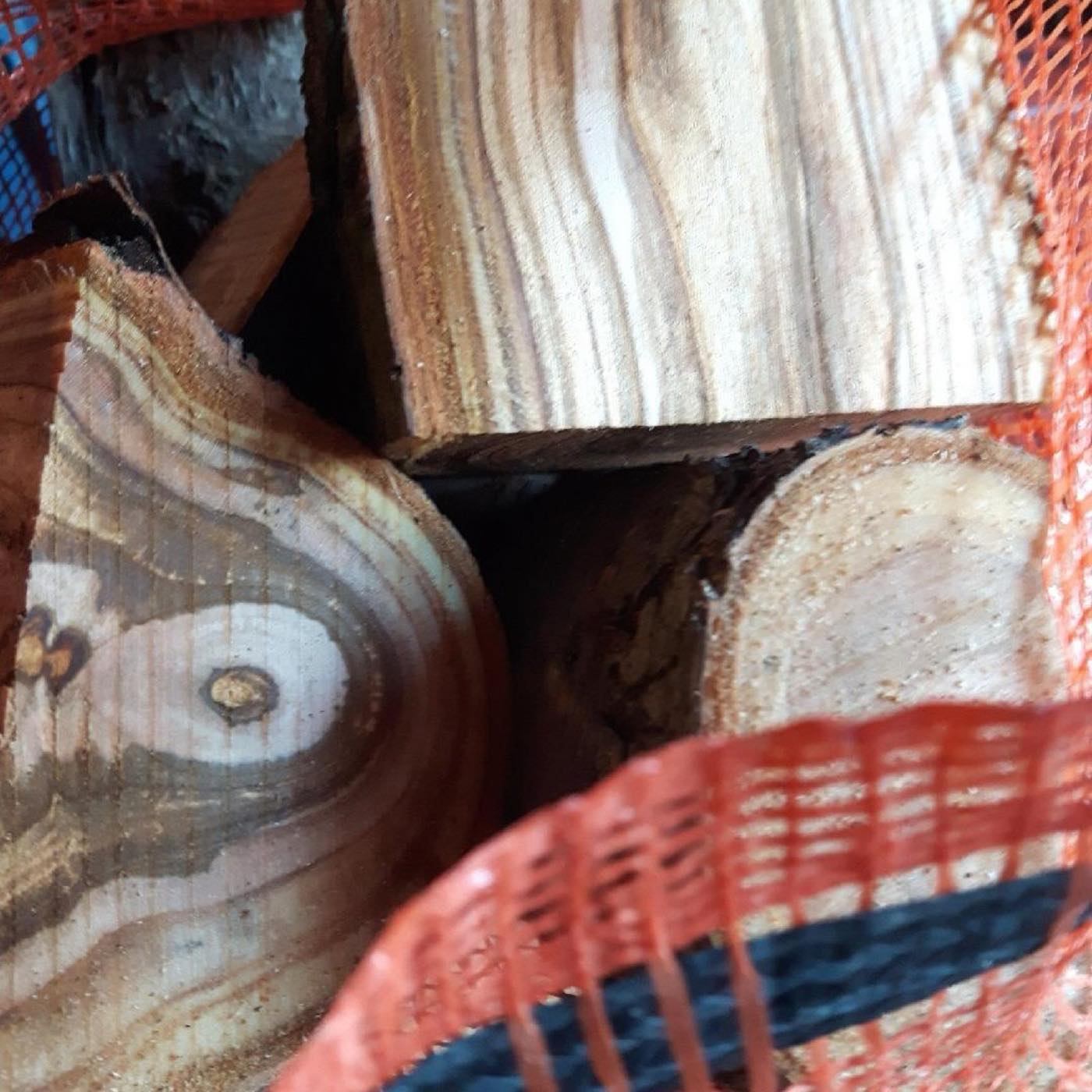 Close-up of thick wrist-sized wood splits in an orange mesh bag